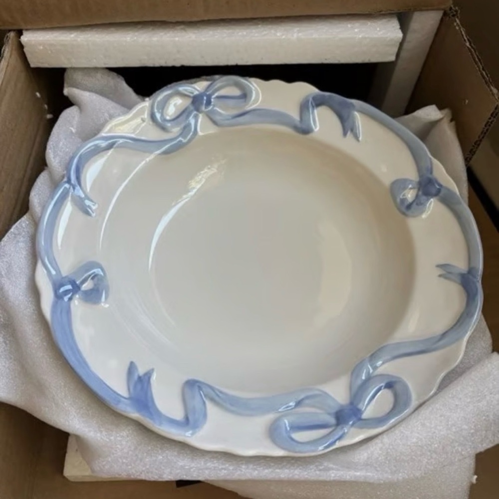 Set of 4 Anthropologie Benedita Pasta Bowls Blue Bows - New with Tags